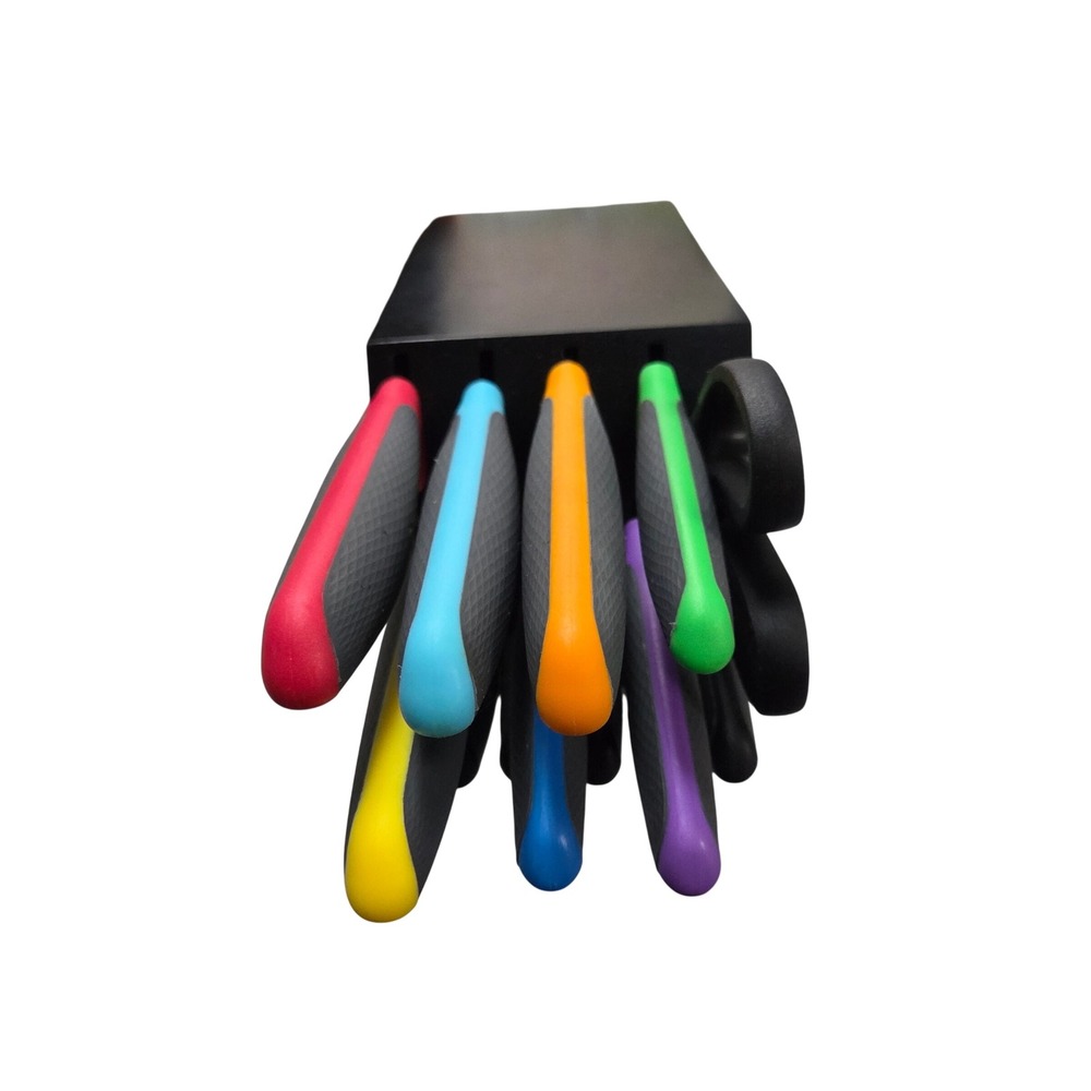 Tasty 11 Piece Knife Block Set Multi Color Soft Grip Handles Black Storage Block - Picture 3 of 6